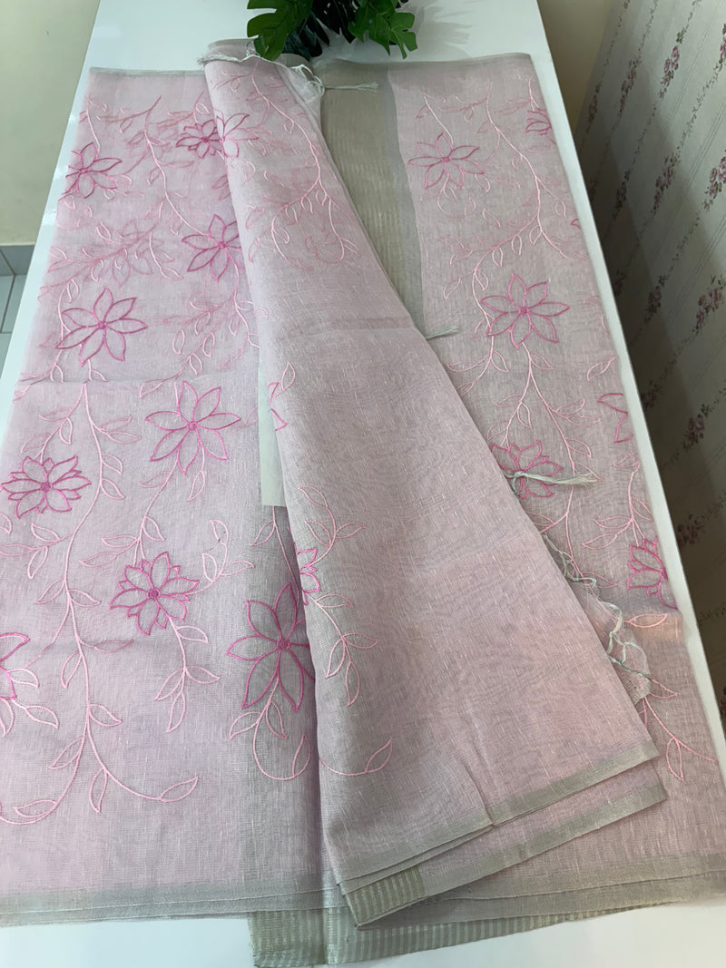 Tissue Linen Saree with embroidery MRS786 - PastelPink