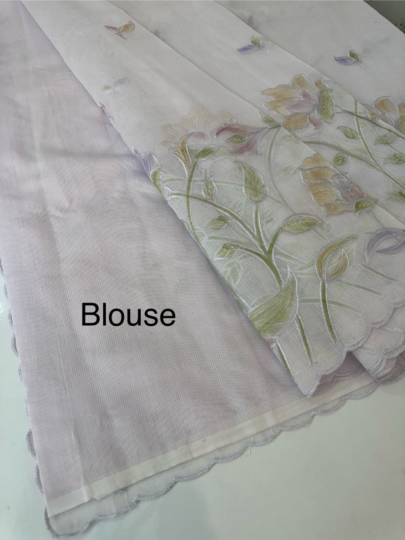 Supernet saree with embroidery and handpainting MSH104- Pastel Lavender