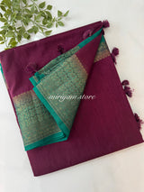 Jute silk sarees with contrast pallu & blouse MJL329 Wine to TealGreen