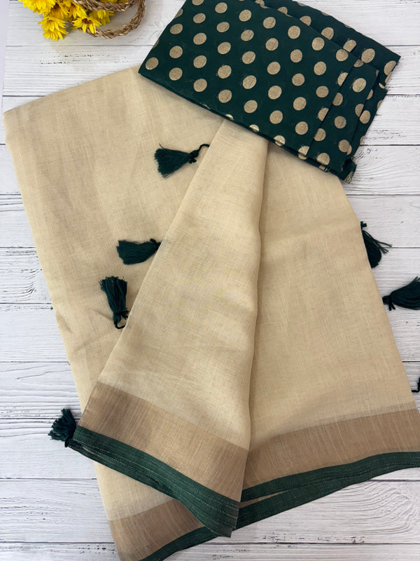 Semi linen saree with banarasi brocade blouse MLS6546 - BottleGreen