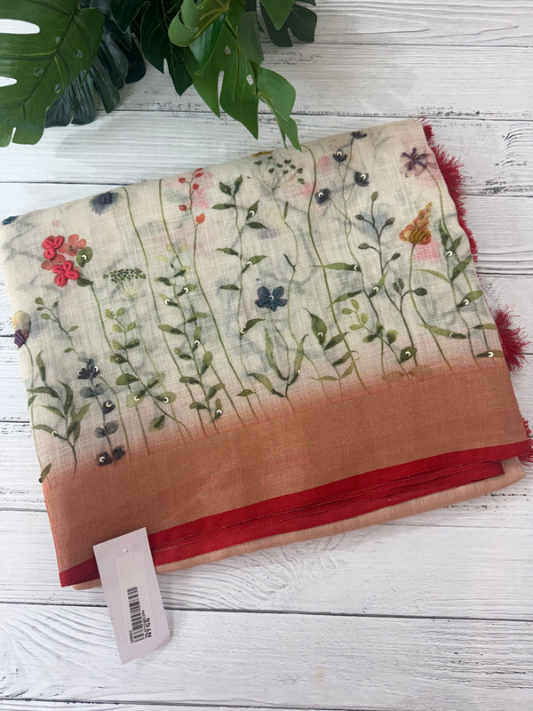 Handworked floral digital printed semi Linen Saree MLS611