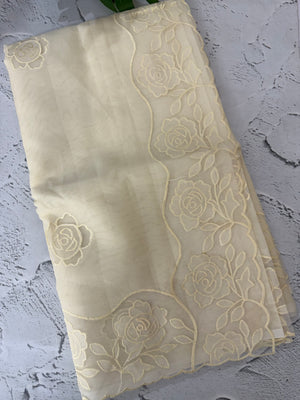 Viscose Organza saree with applique work-MSH101 (2) Ivory