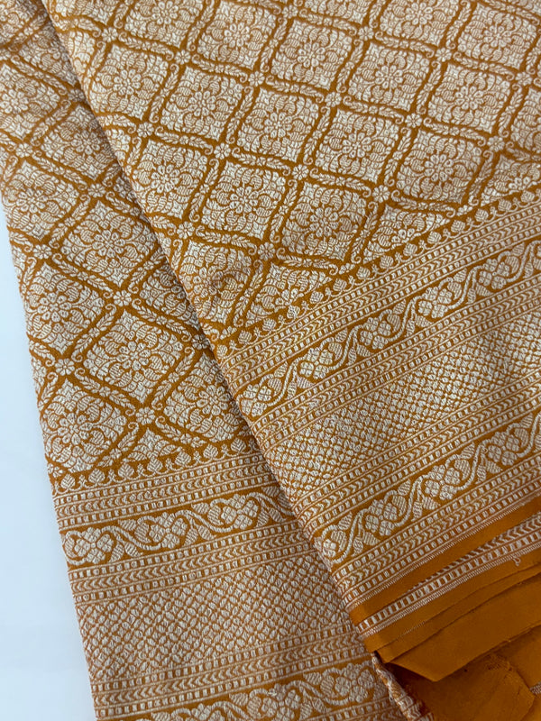 Banarasi semi katan saree in silver zari SHKNRIM- PastelMustard