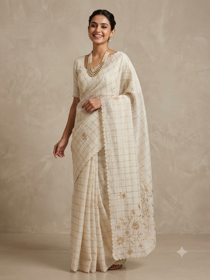 Checks Mul chanderi saree with tissue applique work MSH258(3)- Offwhite and Copper