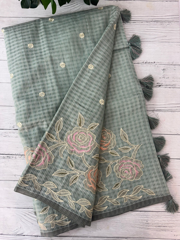 Applique and embroidery work 
 Kota Silk saree MSH118- DuksyBlueGreen