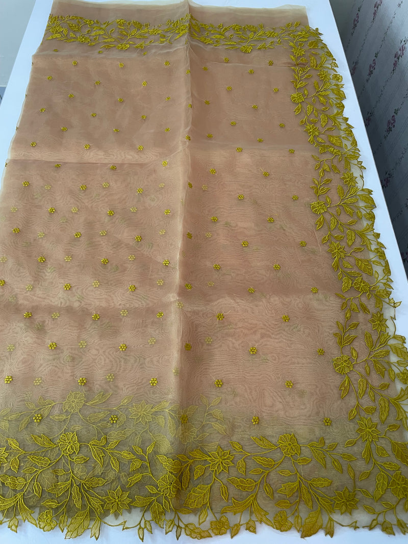 Tissue Organza saree with embriodery MS14638 GreenyYellow