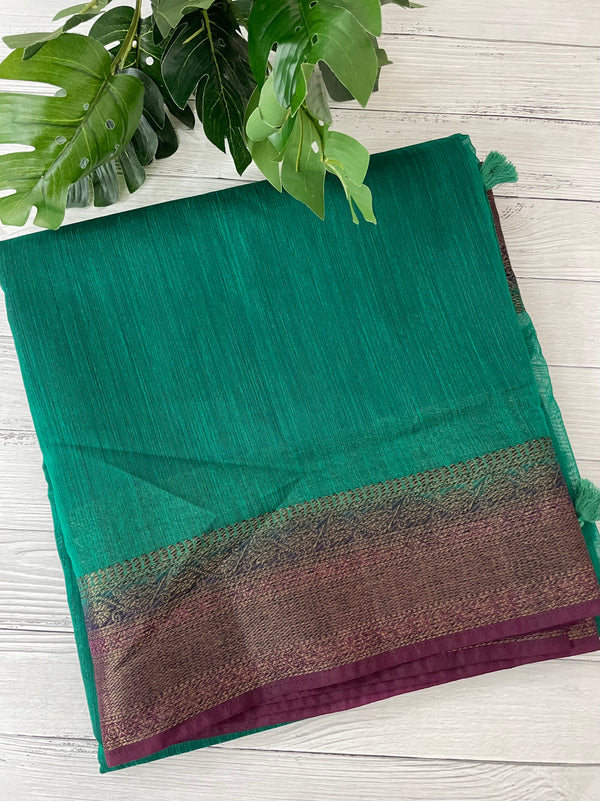 Jute silk sarees with contrast  pallu & blouse MJL324 Green to Wine