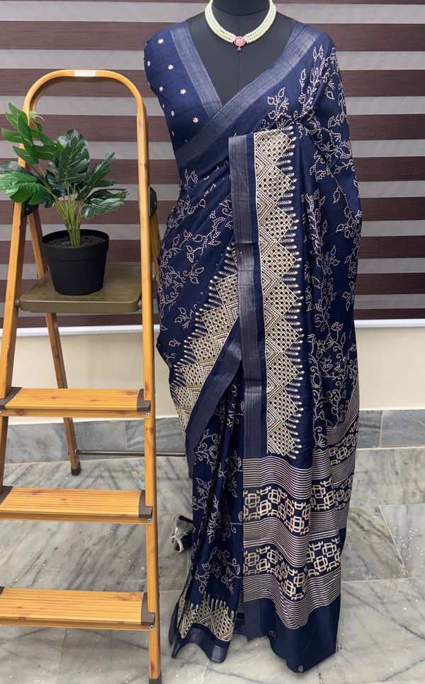 Blended Bandhani tussar silk saree with cutwork MTBF313 DarkBlue