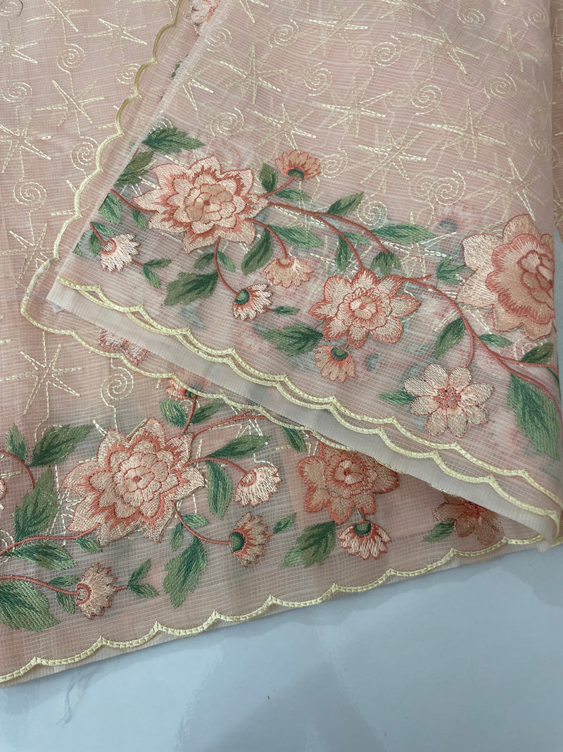 Phulkari NetKota embroidery saree - MSH126 Pastel Peach