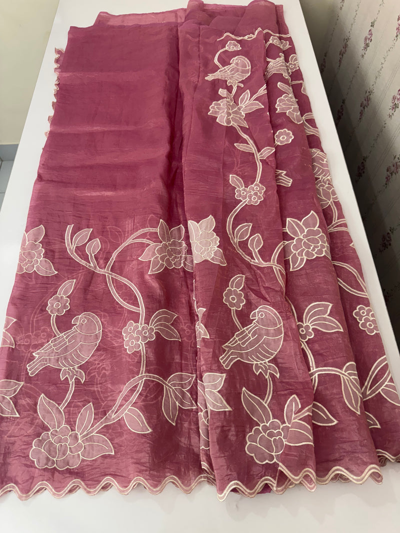 Crush Organza Applique work saree MS14987- OnionPink