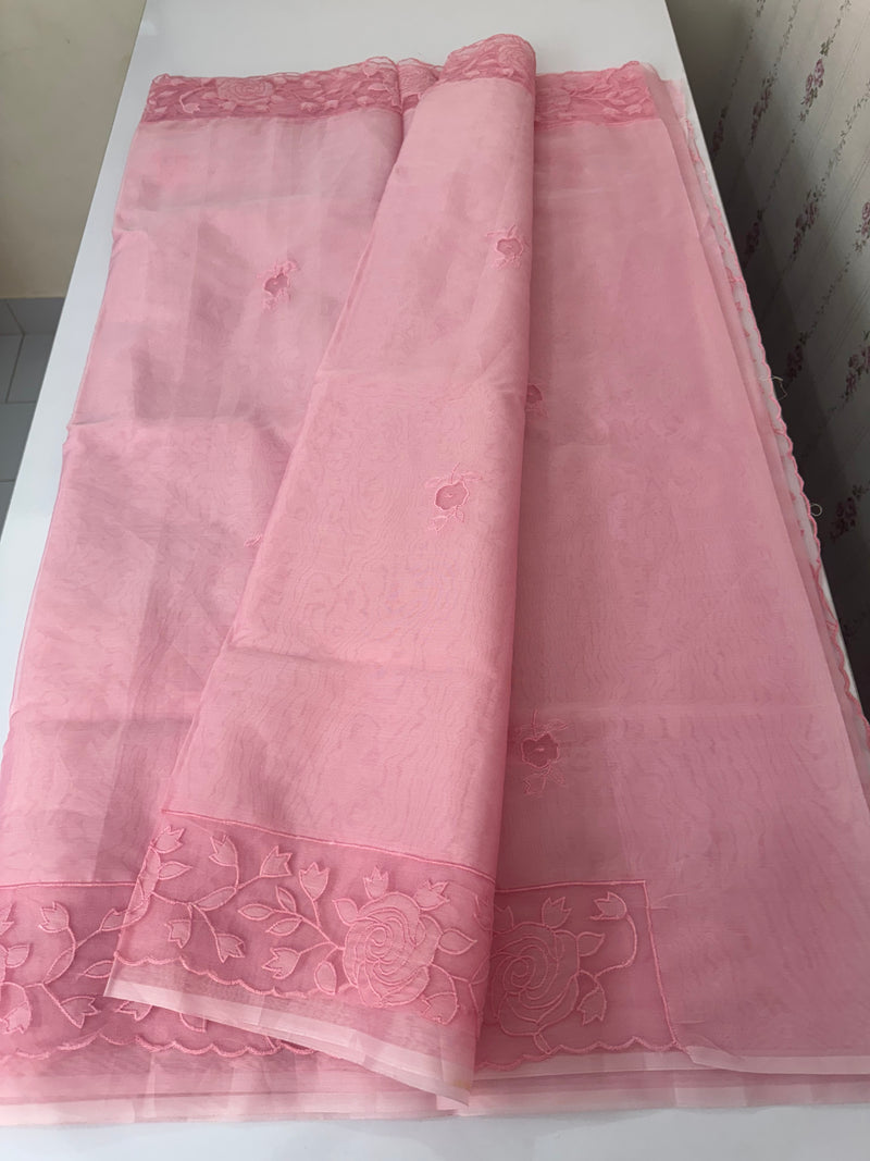Viscose Organza saree with applique work-MSH101 Pink