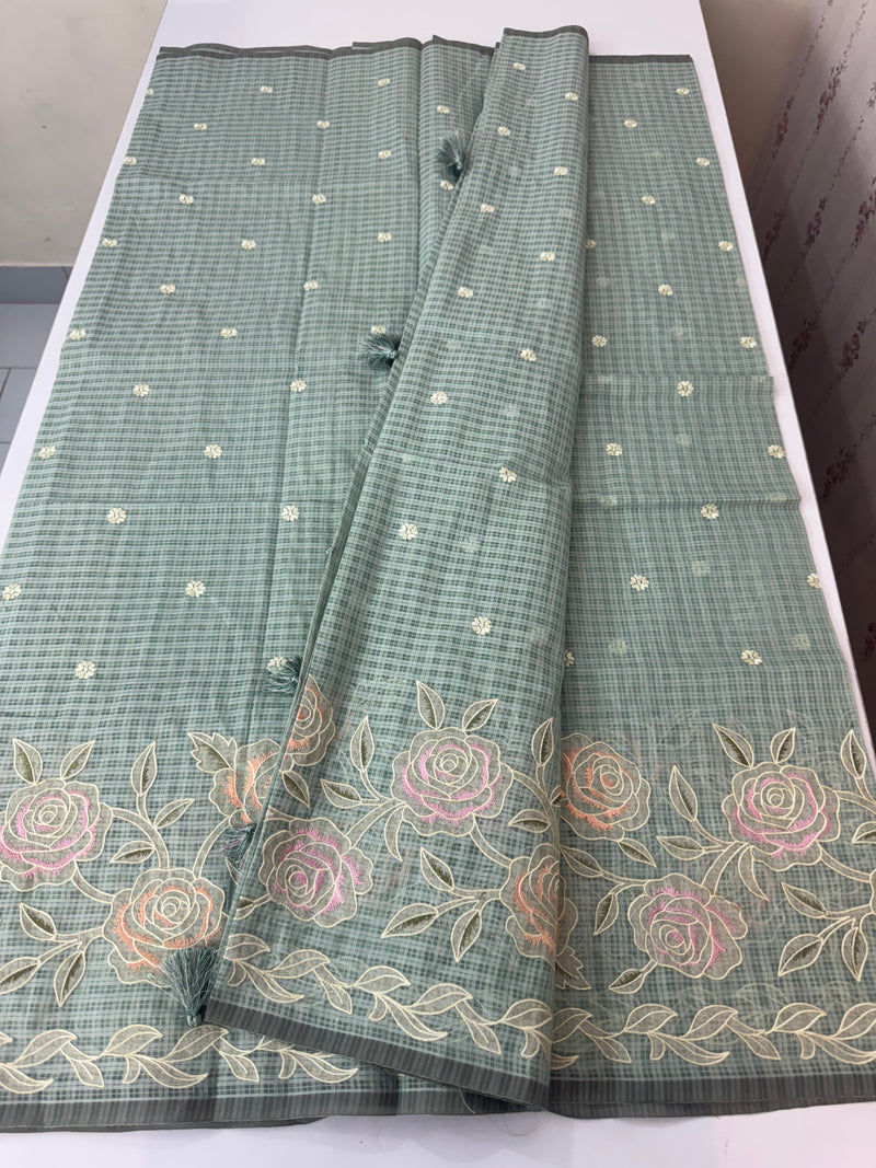 Applique and embroidery work 
 Kota Silk saree MSH118- DuksyBlueGreen