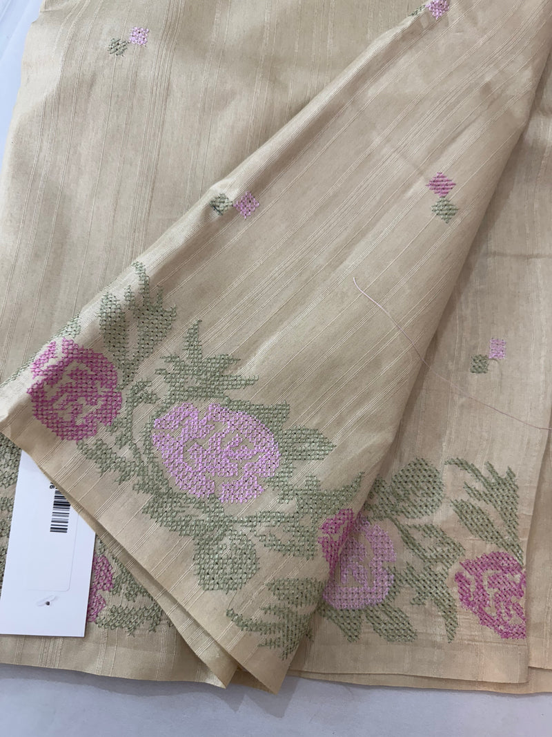 Crepe semi tussar silk saree with cross stitch embroidery - SEFNCCM