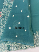 Soft crush Organza saree with embroidery and applique work MS14764 Teal
