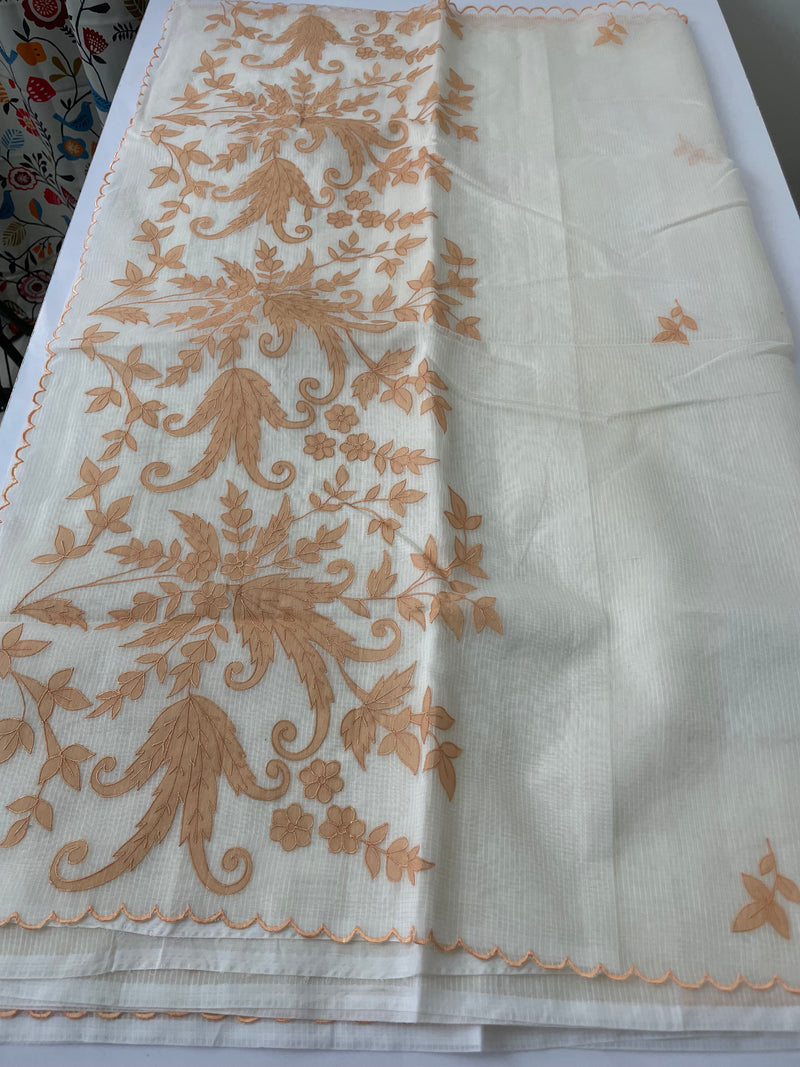 Kota cotton saree with applique work MKAS1325 OffWhite & Peach