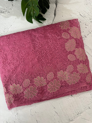 Semi Soft Organza saree with thread work and applique borders - MCW666 Pink