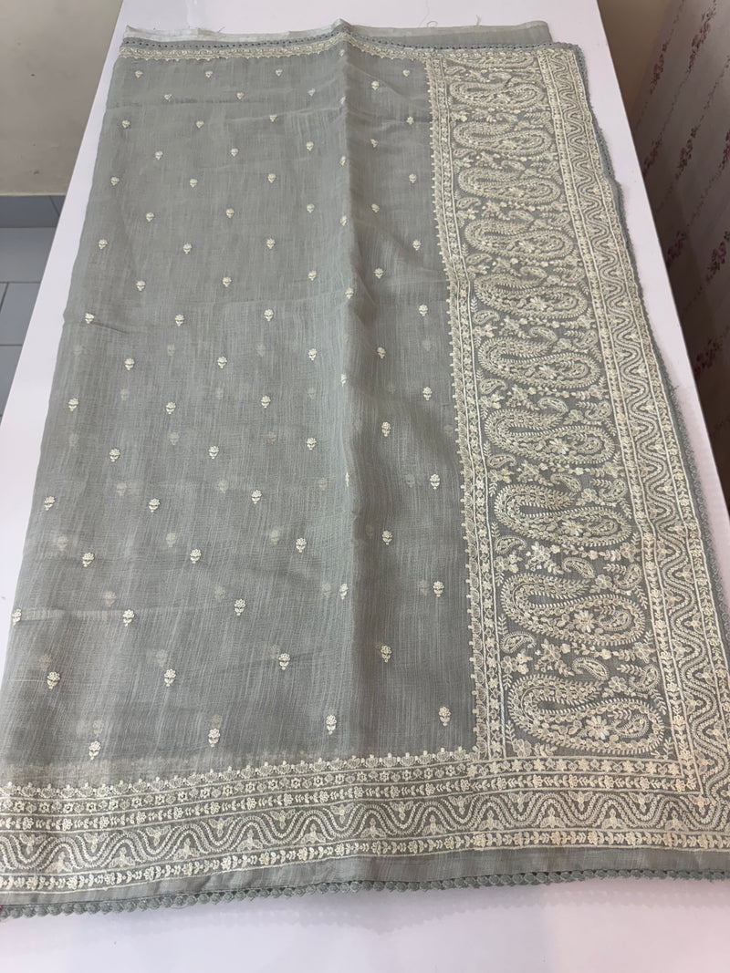 Semi linen saree with chikanakari embroidery- MS15086 PastelGrey