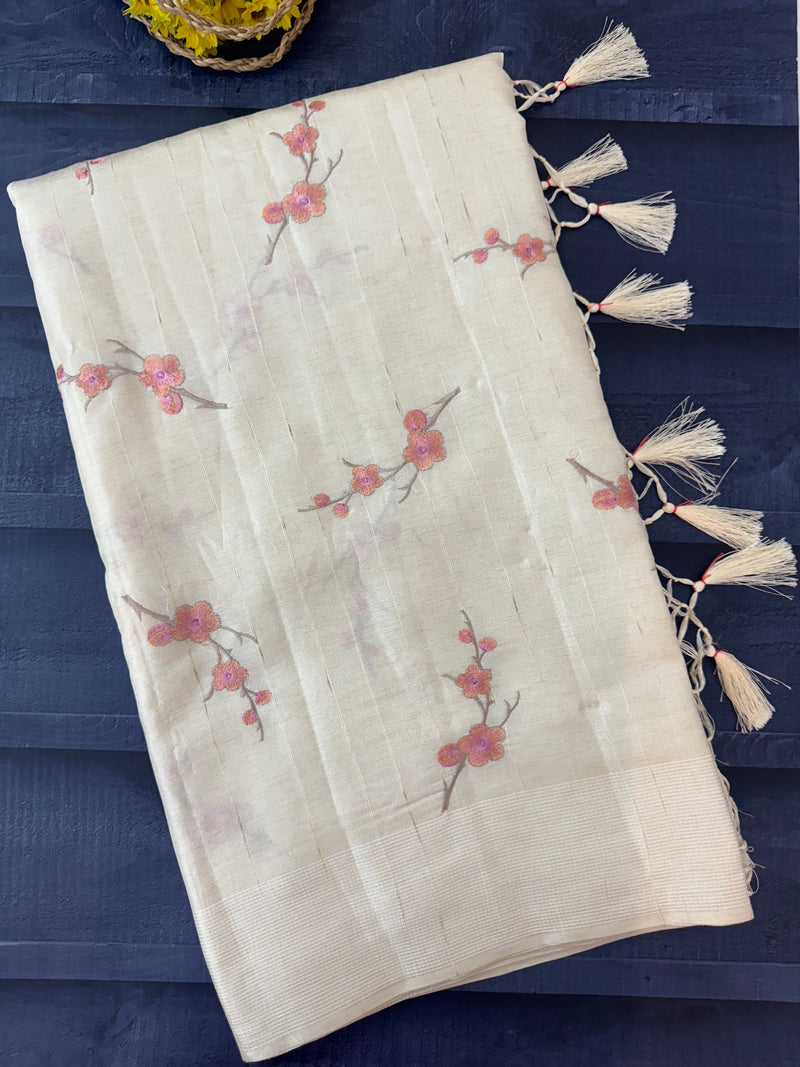 Blended tussar saree with embriodery - MS8665 Cream