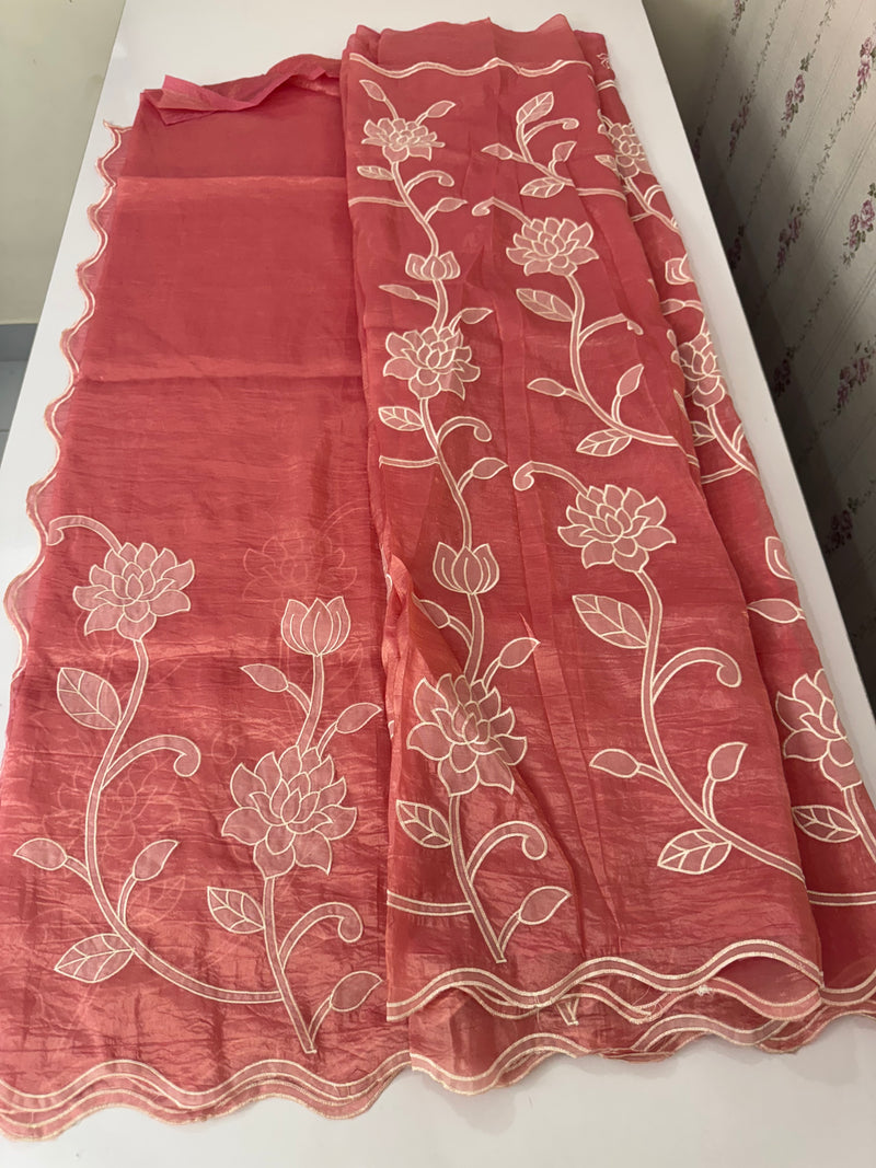 Crush Organza Applique work saree MS14987- PeachPink