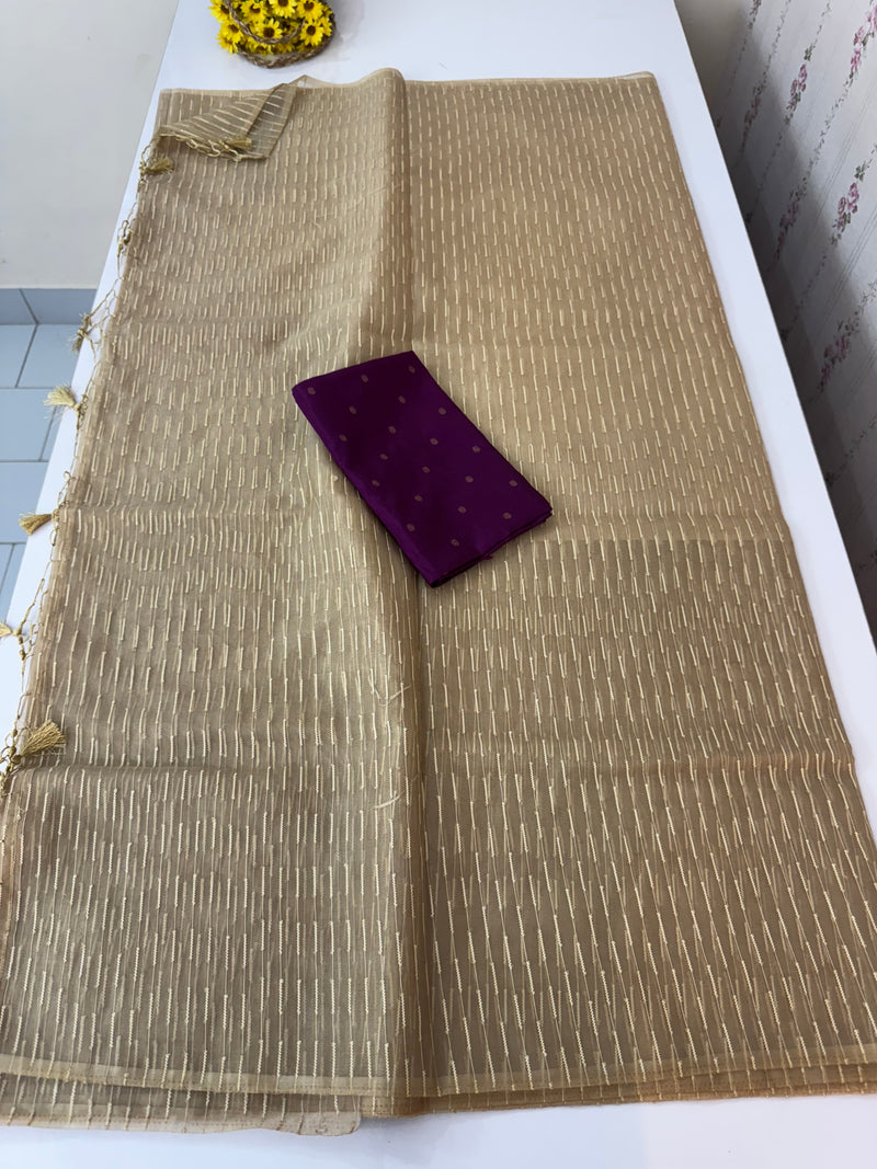 Semi organza thread work saree with soft silk blouse MOS9543- Beige to Purple