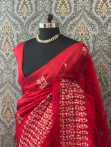 Blended tussar silk saree with embroidery - MS78911 Red