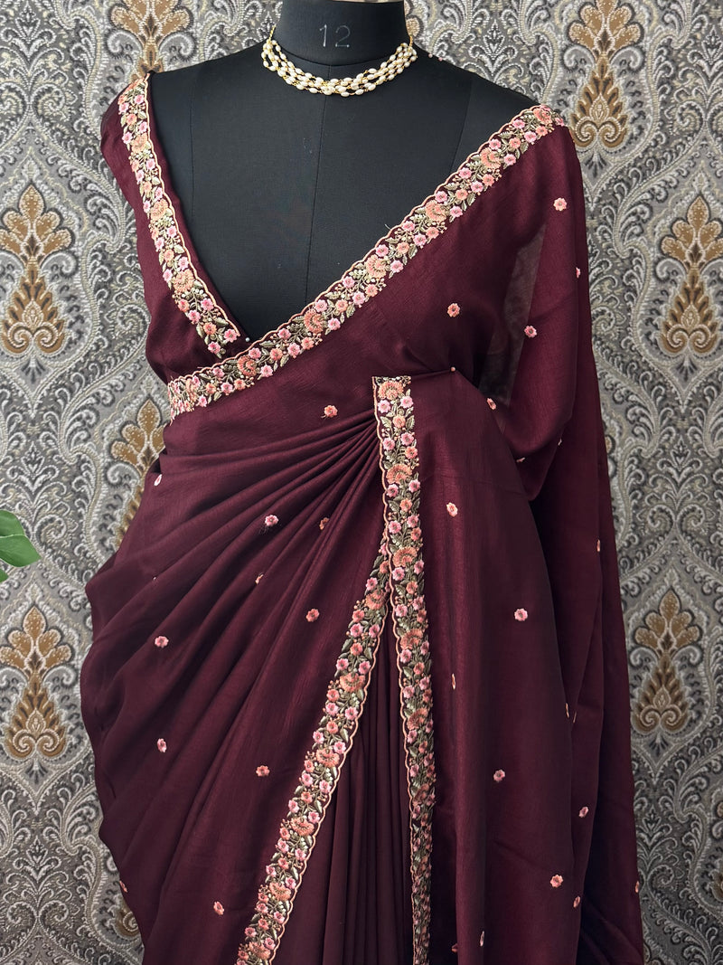 Crepe chiffon saree with Embroidery border- MS6544