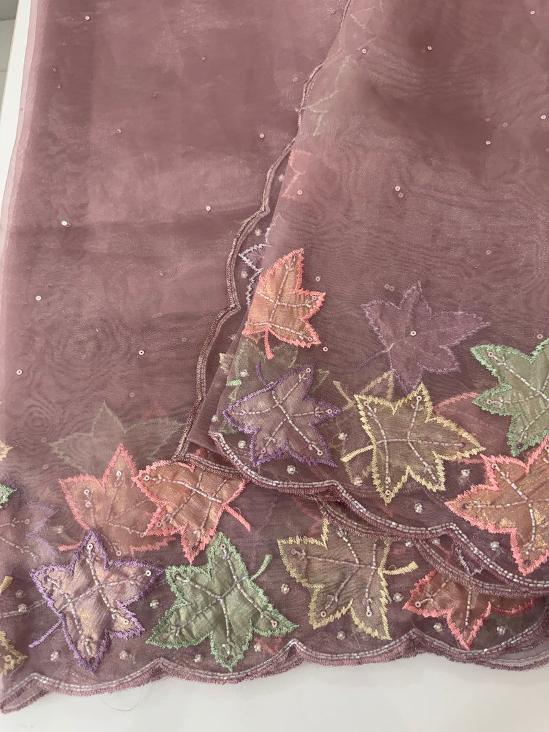 Handworked glass organza saree with applique work- MSHW227- Pastel Mauve