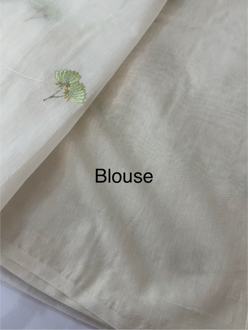 Mul chanderi saree with embriodery MSH114- Green flowers