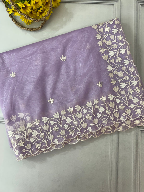 Glassy tissue organza saree with embroidery FKSF88- Lavender