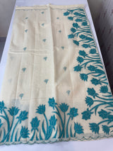 Jute Linen Applique work saree  -MSH128 Offwhite to Blue