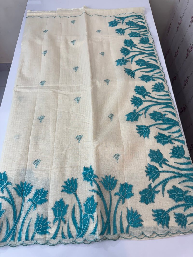 Jute Linen Applique work saree  -MSH128 Offwhite to Blue