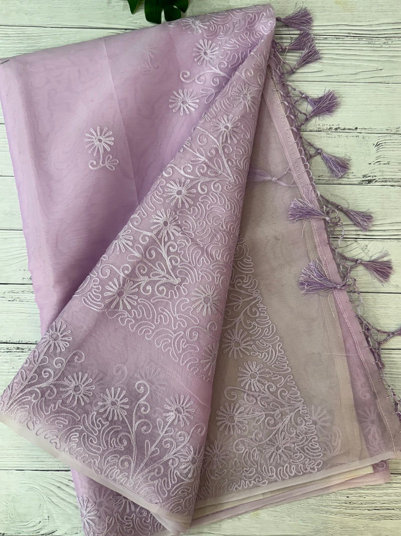 Semi organza saree with lace embroidery - MSH117 Lavender