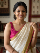 Linen cotton saree with gold zari checks MLS9766- Offwhite and RaniPink