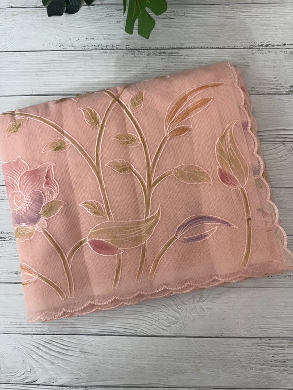 Supernet saree with embroidery and handpaintingwork MSH104- PastelPeach