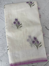 Lightweight Supernet saree with cross stitch embroidery MS142- White to Lavender