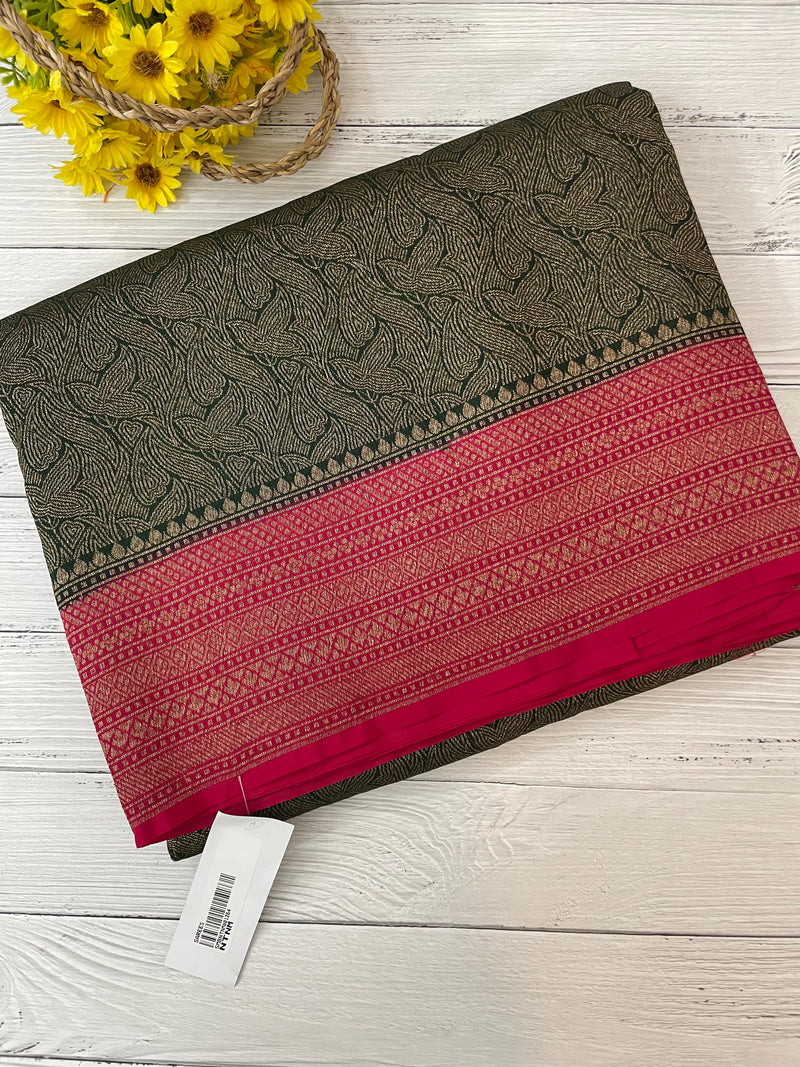 Banarasi semi katan saree with contrast border MS6665- DarkGreen to Pink