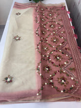 Kosa Tussar silk saree with hand embriodery - MS8199 PeachPink