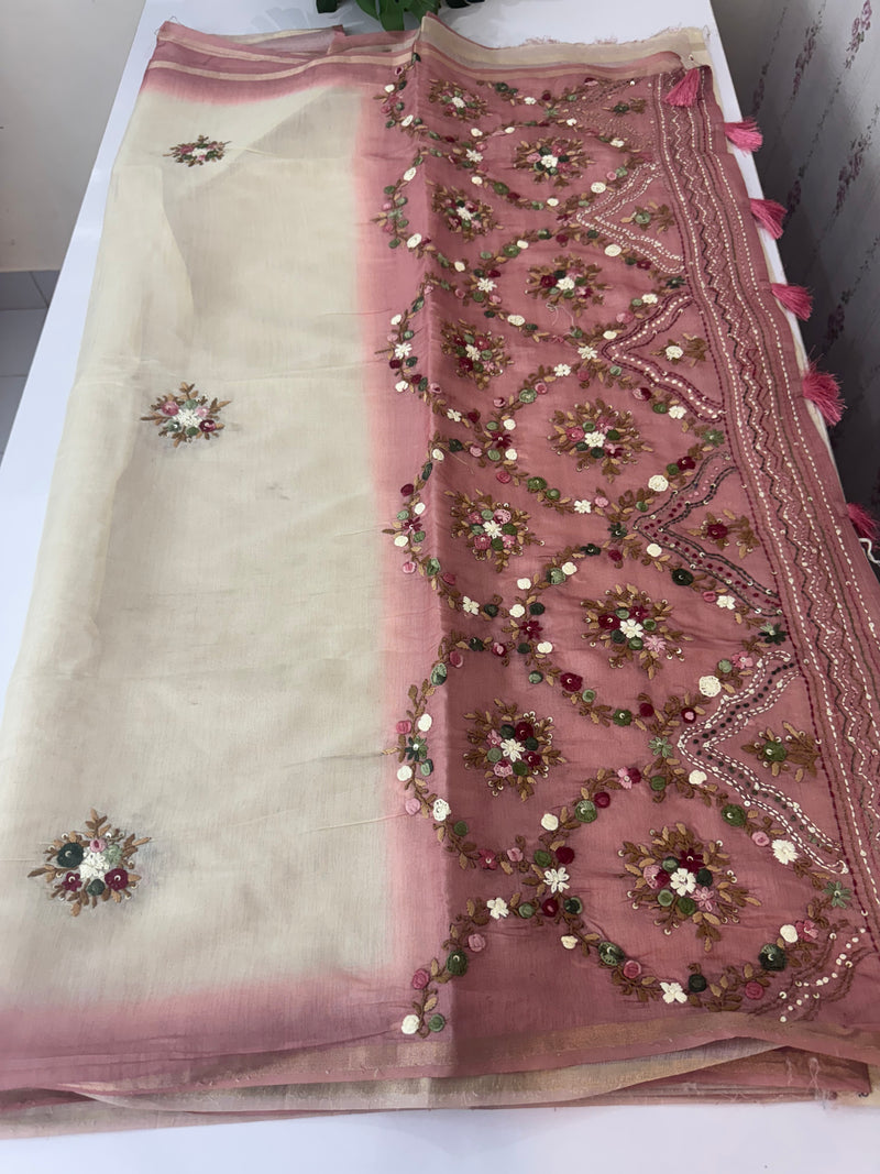 Kosa Tussar silk saree with hand embriodery - MS8199 PeachPink