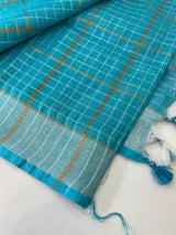 Pure Linen zari check saree MLS7869 BLUE