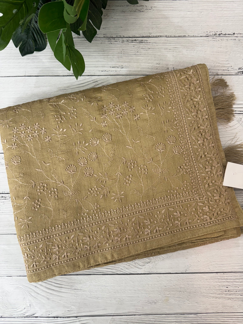 Blended tussar saree with thread work MTS9078 - Chikoo