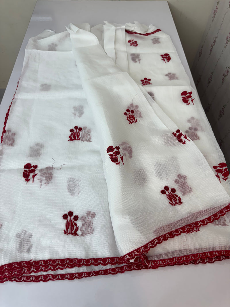 Soft kota checks saree with embroidery - SVTS29 white & red