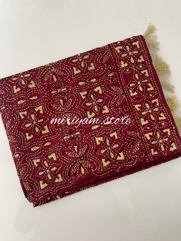 Semi tussar saree with kanta embroidery MKEE661 MaroonRed