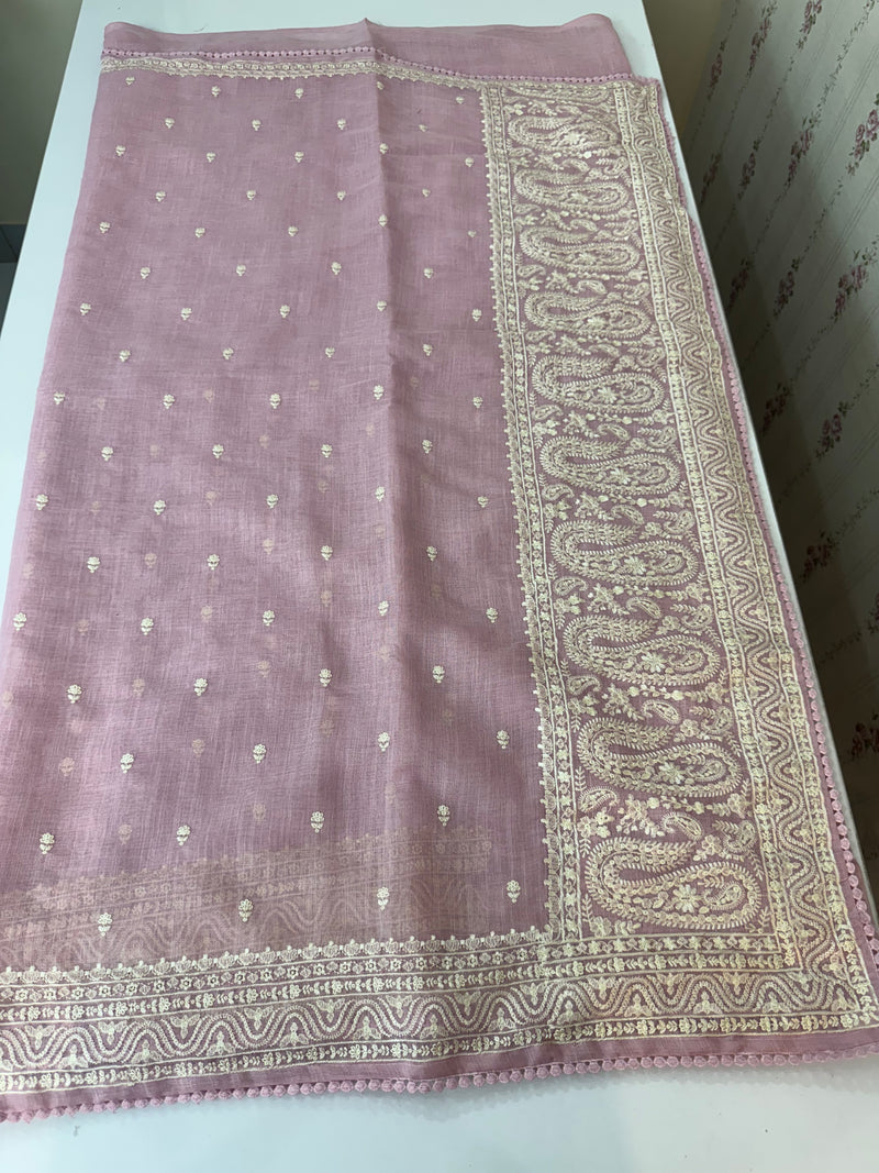 Semi linen saree with chikanakari embroidery- MS15086 PastelPink