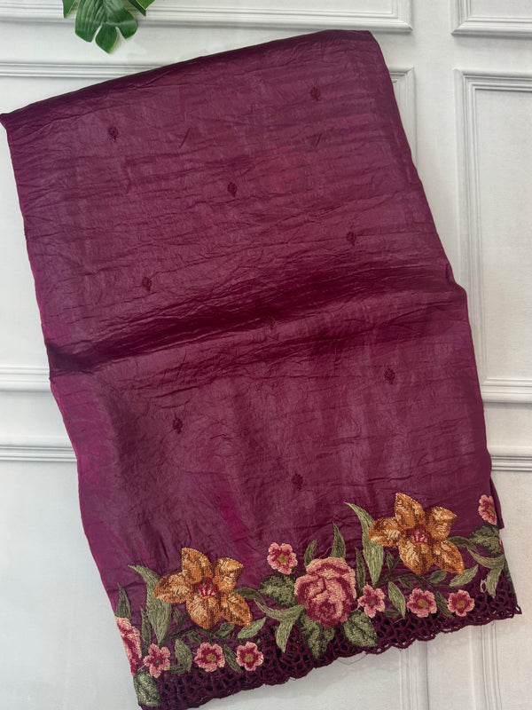 Crush Organza cutwork & embroidery saree MS7544- Wine