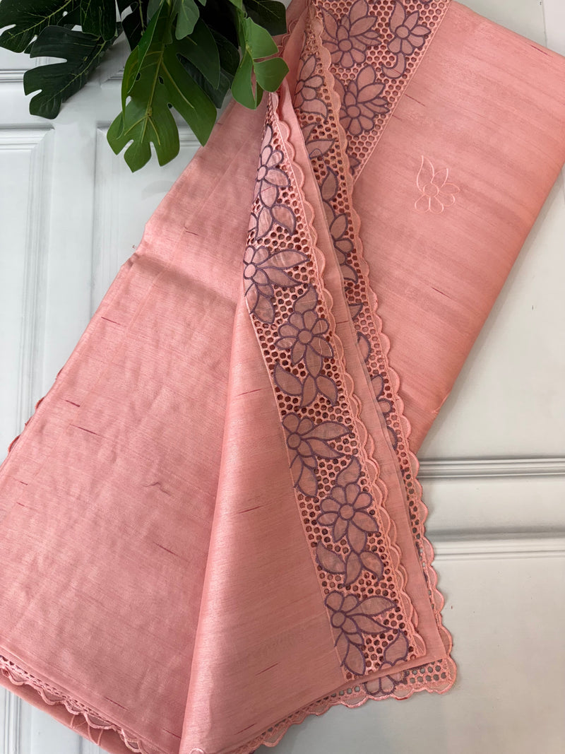 Cutwork semi Tussar saree MSTS354 PeachPink