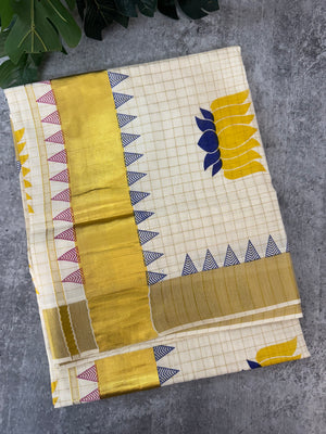 Kerala cotton saree checks - lotus prints