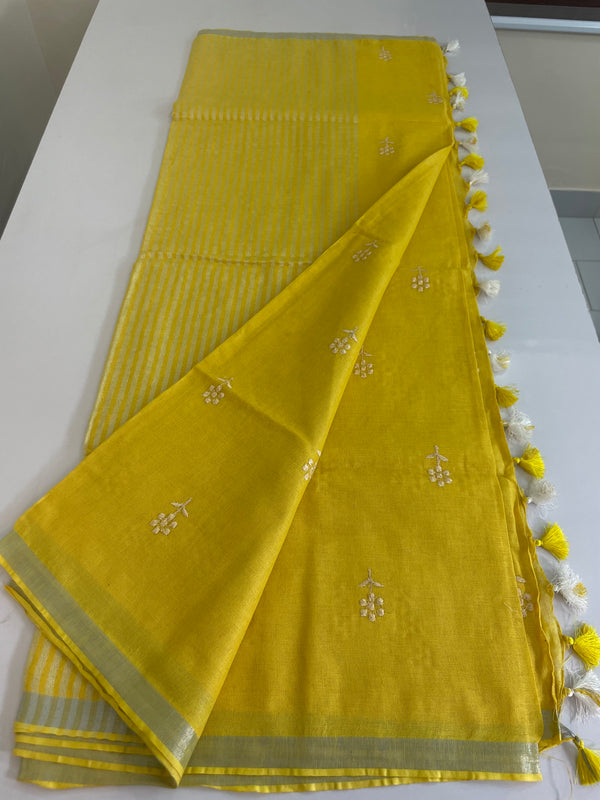 Pure Linen saree with embroidery MLS7864 LEMON YELLOW