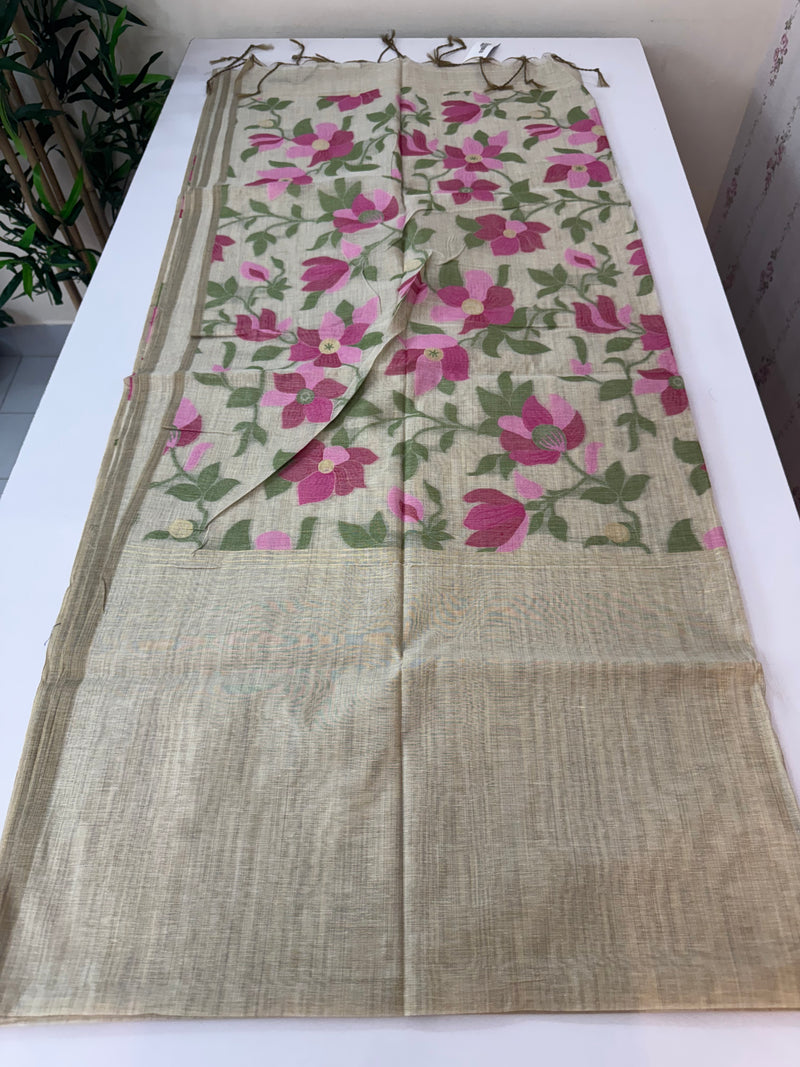 Jamdani Cotton Saree with plain body and Floral Jamdani blouse MS12552