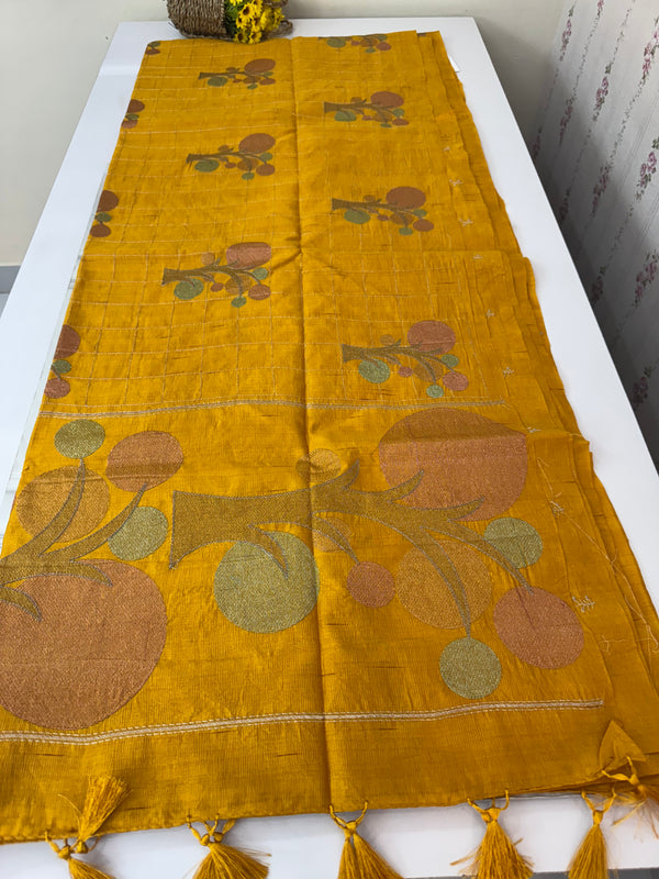 Crushed Blended tussar silk saree with embroidery- SNFCYEY MustardYellow