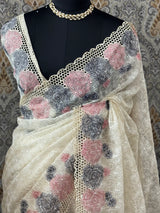 Cutwork Phulkari NetKota Embroidery saree - OffWhite